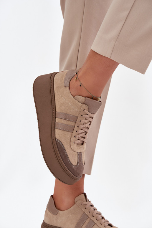 Pelle dalla pelle scamosciata Scarpe modello sneakers Femminile con una piattaforma Zazoo 3775 beige