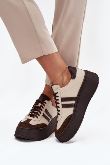 Pelle Scarpe modello sneakers Femminile con una piattaforma Zazoo 3775 beige-CzekoladoAe