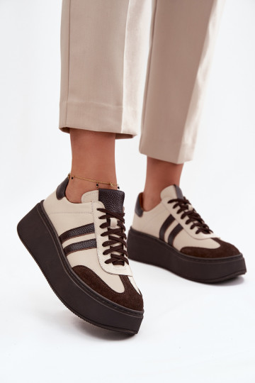 Pelle Scarpe modello sneakers Femminile con una piattaforma Zazoo 3775 beige-CzekoladoAe 2
