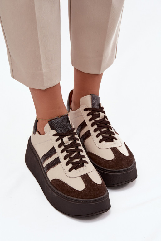 Pelle Scarpe modello sneakers Femminile con una piattaforma Zazoo 3775 beige-CzekoladoAe