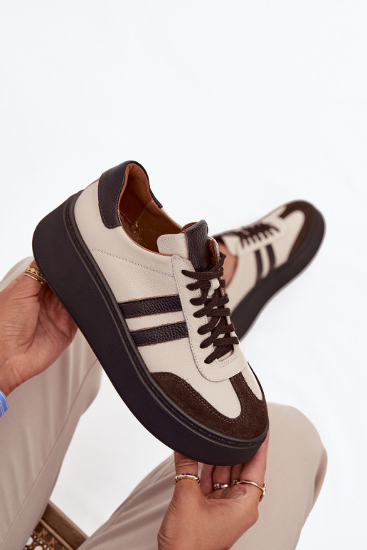 Pelle Scarpe modello sneakers Femminile con una piattaforma Zazoo 3775 beige-CzekoladoAe