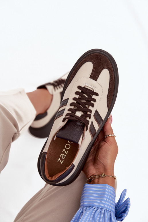 Pelle Scarpe modello sneakers Femminile con una piattaforma Zazoo 3775 beige-CzekoladoAe