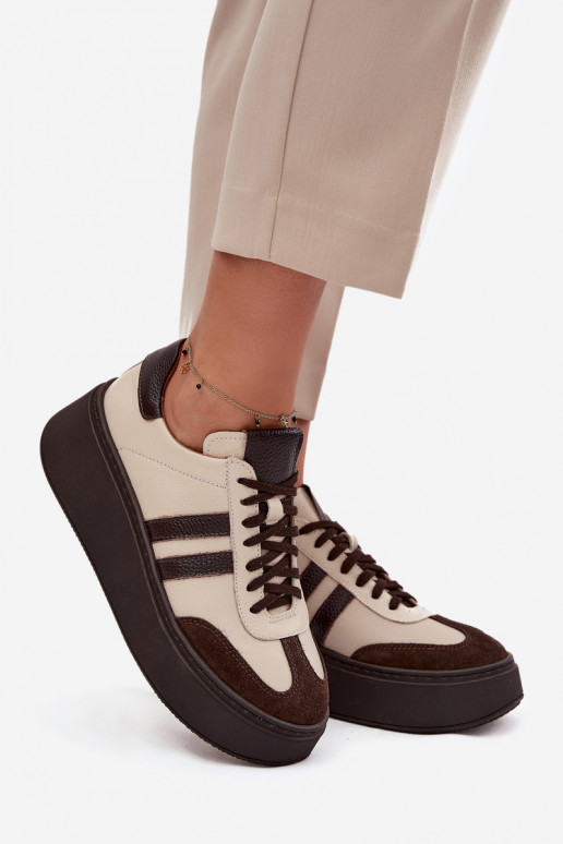 Pelle Scarpe modello sneakers Femminile con una piattaforma Zazoo 3775 beige-CzekoladoAe