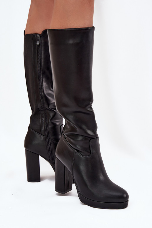 Stivali alti da donna fino al ginocchio con tacco, in eco-pelle, neri Thalina