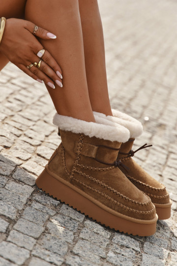 Stivali da neve in camoscio per donna con cuciture decorative, Big Star SS274373, colore marrone 2