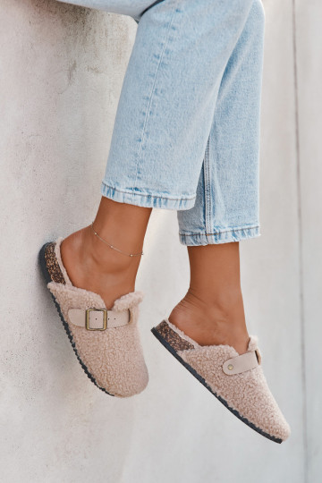 Pantofole da donna con pelliccia "Typu Baranek" color sabbia "Lorivine"