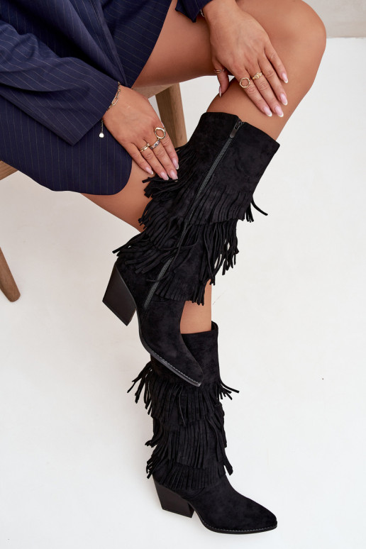 Stivali alti in stile cowboy con frange, neri, Brivina Stivali alti in stile cowboy con frange, neri, Brivina