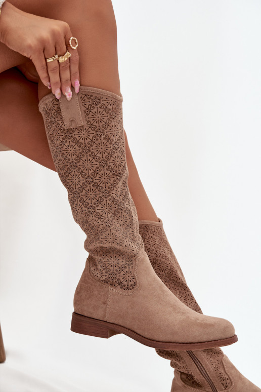 stivali da donna con elementi traforati con tacchi larghi S.Barski HY52-534 beige stivali da donna con elementi traforati con tacchi larghi S.Barski HY52-534 beige