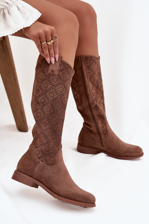 stivali da donna con elementi traforati con tacchi larghi S.Barski HY52-534 colore marrone