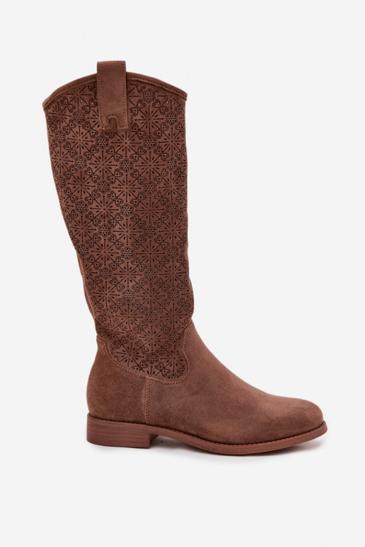 stivali da donna con elementi traforati con tacchi larghi S.Barski HY52-534 colore marrone