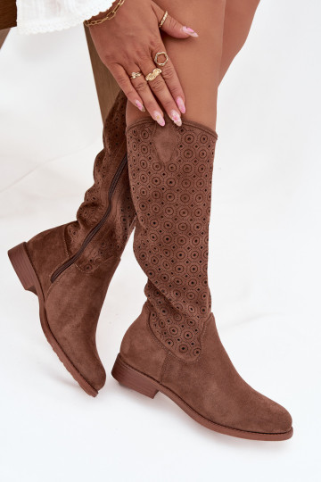 stivali da donna con tacchi larghi con elementi traforati S.Barski HY52-531 colore marrone