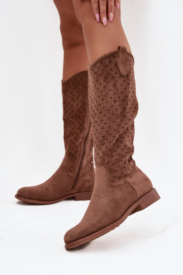 stivali da donna con tacchi larghi con elementi traforati S.Barski HY52-531 colore marrone 2