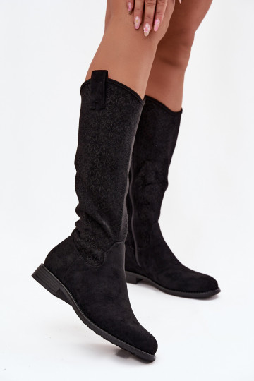 stivali da donna con elementi traforati con tacchi larghi S.Barski HY52-534 colore nero