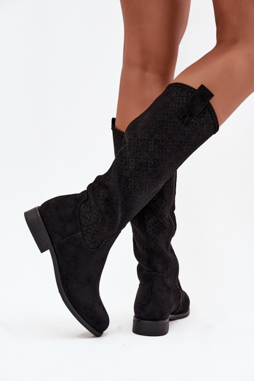 stivali da donna con elementi traforati con tacchi larghi S.Barski HY52-534 colore nero stivali da donna con elementi traforati con tacchi larghi S.Barski HY52-534 colore nero