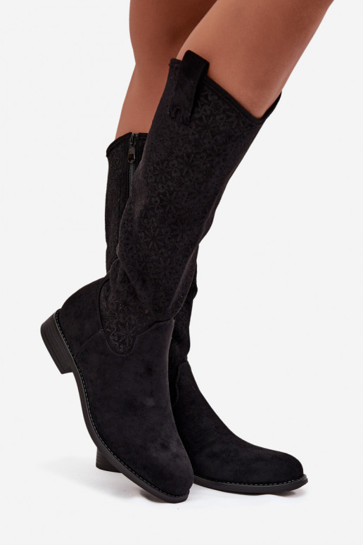 stivali da donna con elementi traforati con tacchi larghi S.Barski HY52-534 colore nero stivali da donna con elementi traforati con tacchi larghi S.Barski HY52-534 colore nero