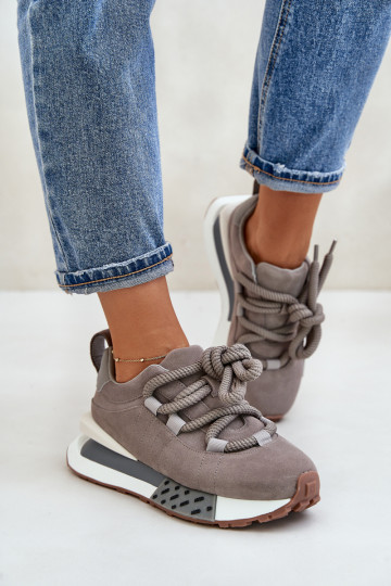Scarpe sportive grigie in suede sintetico da donna con plateau e lacci spessi, Artiker 54C1463
