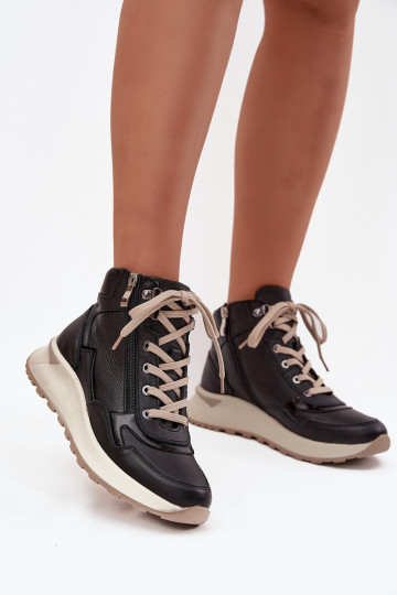 Stivaletti sportivi femminili con plateau in pelle naturale Zazoo Z1239 di colore nero