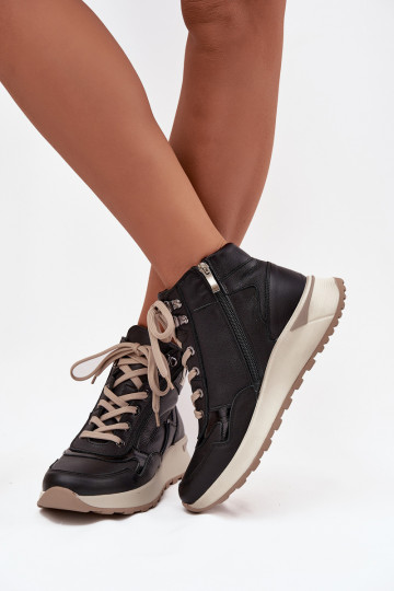 Stivaletti sportivi femminili con plateau in pelle naturale Zazoo Z1239 di colore nero 2