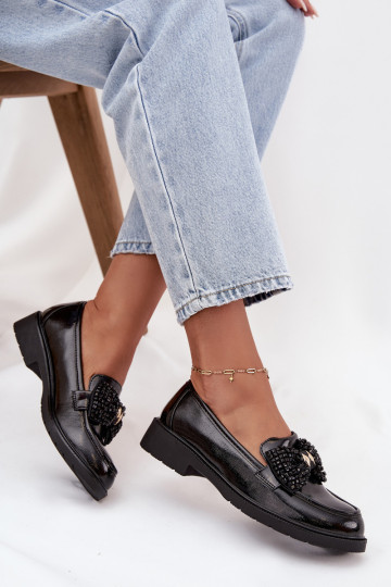 Mocassini lucidi femminili con fiocchi S.Barski HY52-319A di colore nero