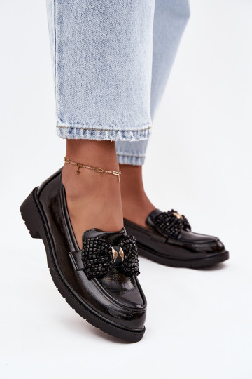 Mocassini lucidi femminili con fiocchi S.Barski HY52-319A di colore nero 2