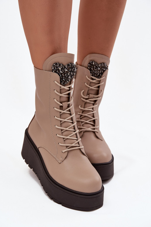 Pelle Stivali da donna con ornamenti riscaldamento beige Ulrika