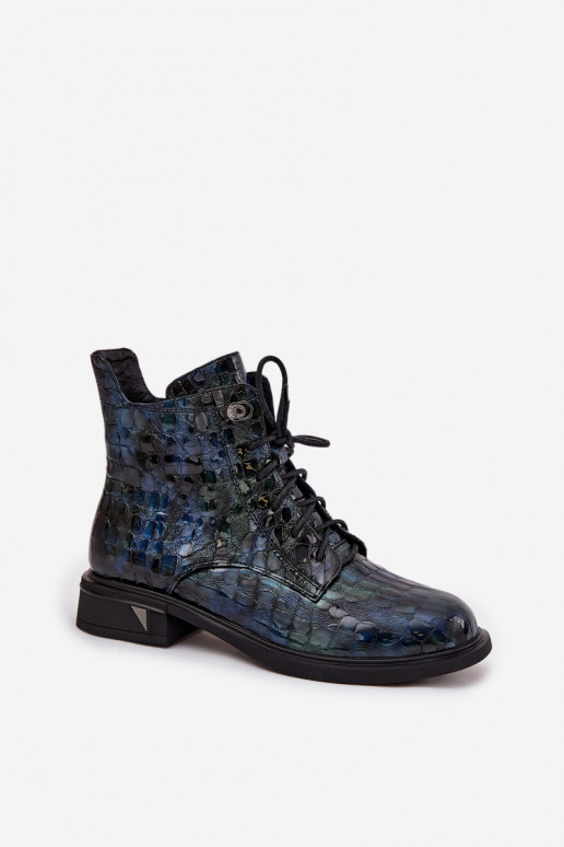 con effetto vernice Stivali da donnaAbilitatoturalnej Skóry D&A LZ52-962 blu scuro