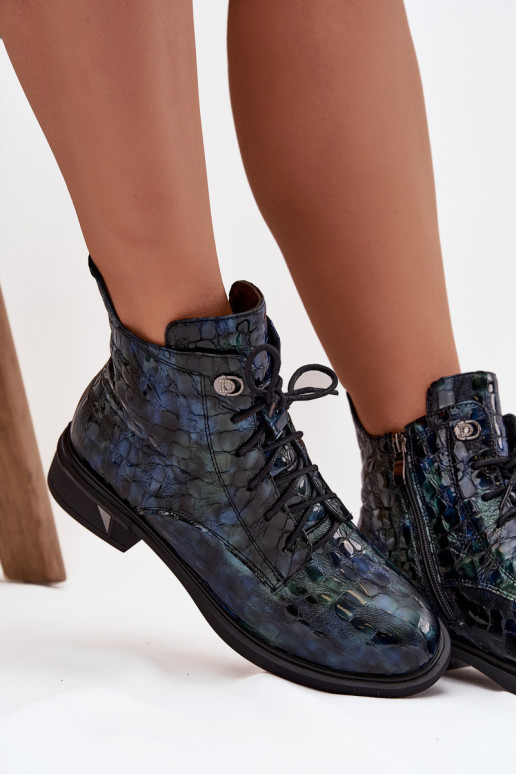 con effetto vernice Stivali da donnaAbilitatoturalnej Skóry D&A LZ52-962 blu scuro