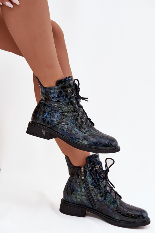 con effetto vernice Stivali da donnaAbilitatoturalnej Skóry D&A LZ52-962 blu scuro