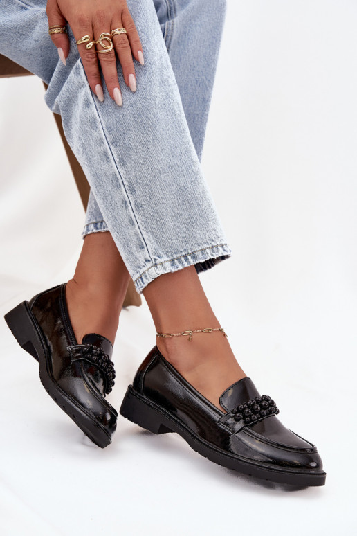 mocassini da donna con effetto vernice con perline S.Barski HY52-541 colore nero