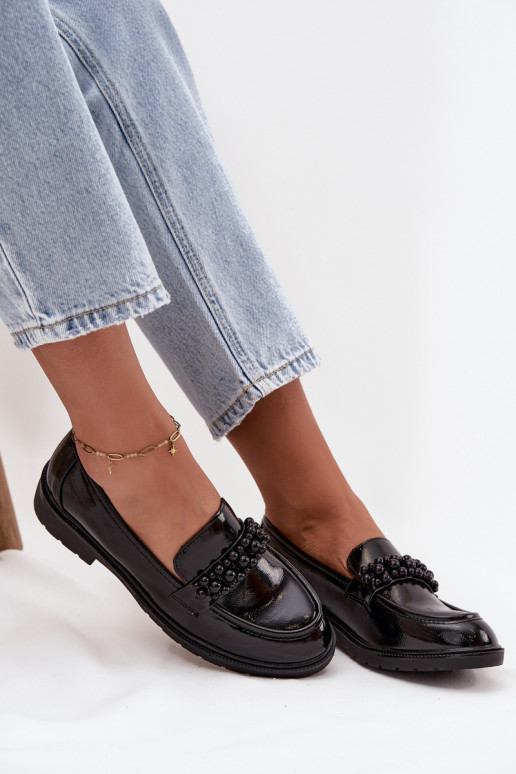 mocassini da donna con effetto vernice con perline S.Barski HY52-541 colore nero