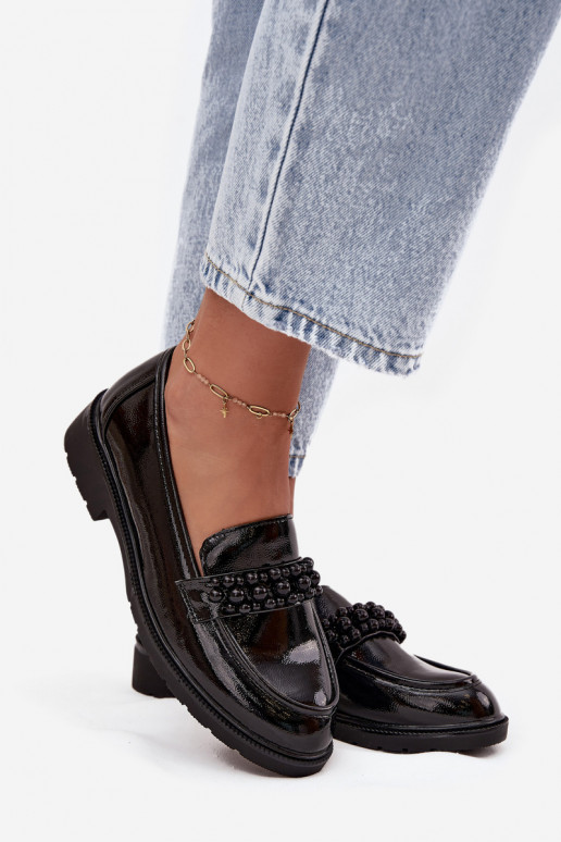 mocassini da donna con effetto vernice con perline S.Barski HY52-541 colore nero