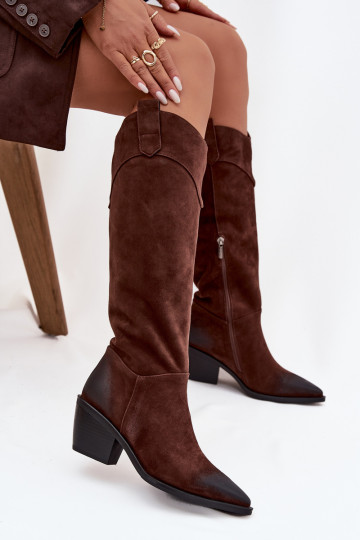 Stivali alti da donna in stile cowboy con tacco in pelle scamosciata naturale Artiker 57C0230 marroni