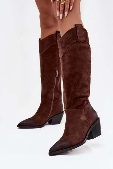 Stivali alti da donna in stile cowboy con tacco in pelle scamosciata naturale Artiker 57C0230 marroni 2