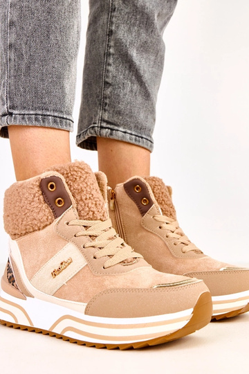 Scarpe sportive alte color sabbia scuro e calde con pelliccia Mirasen