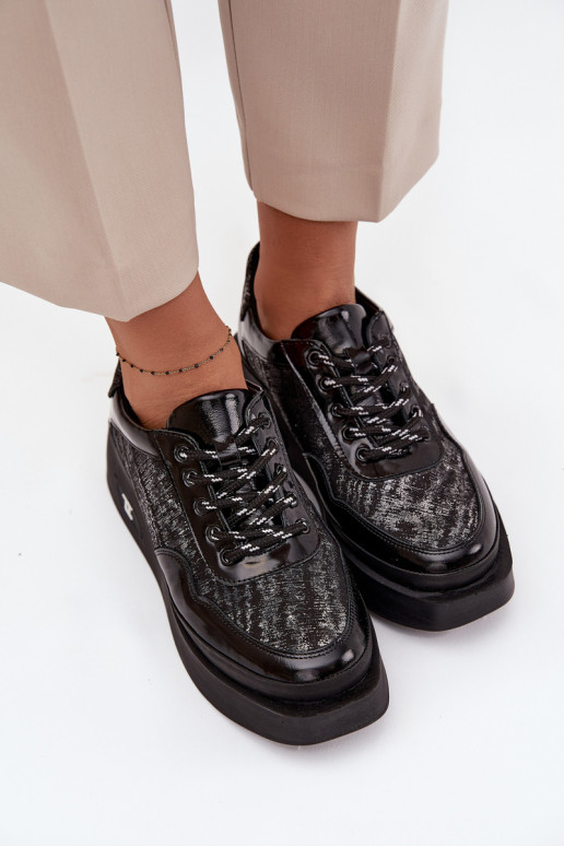 Pelle Scarpe stringate Femminile con una piattaforma Artiker 57C2043 Nero e-color argento