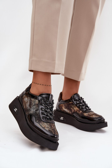 Pelle Scarpe stringate Femminile con una piattaforma Artiker 57C2042 Nero e-colore dorato 2