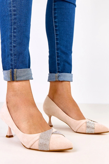 Scarpe eleganti sabbia con tacco basso e zirconi, Tajlana 2