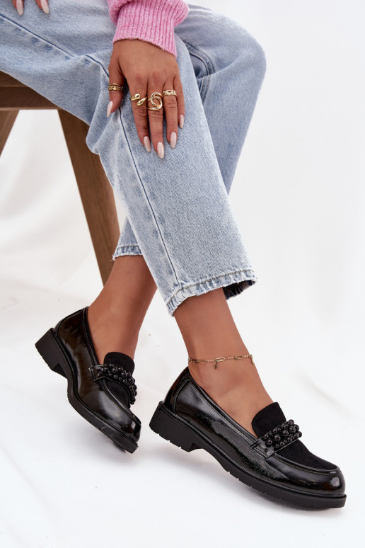 mocassini da donna con effetto vernice con perline S.Barski HY52-541 colore nero