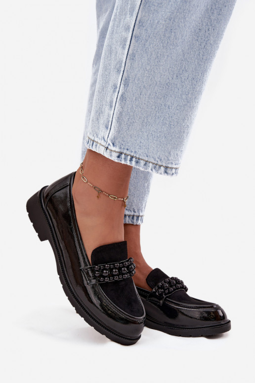 mocassini da donna con effetto vernice con perline S.Barski HY52-541 colore nero