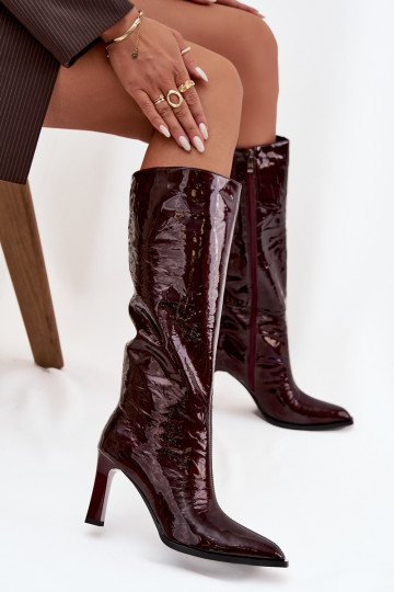 Stivali alti lucidi in pelle da donna con tacco foderati D&A CR52-716 bordeaux