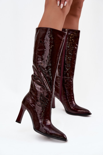 Stivali alti lucidi in pelle da donna con tacco foderati D&A CR52-716 bordeaux 2