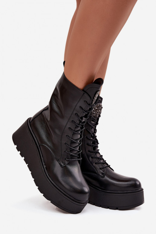 Pelle Stivali da donna con ornamenti riscaldamento colore nero Ulrika