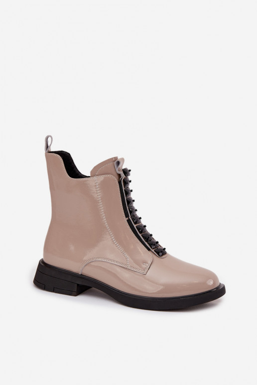 Stivaletti da donna in pelle naturale con effetto verniciato D&A MR52-108 color sabbia