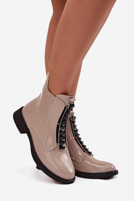 Stivaletti da donna in pelle naturale con effetto verniciato D&A MR52-108 color sabbia