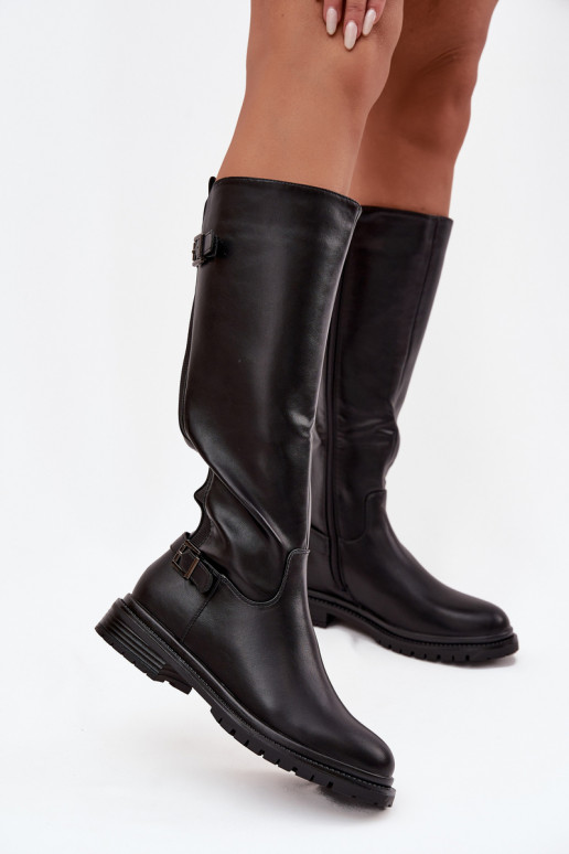 riscaldamento stivali da donna con tacchi larghi con fibbie colore nero Sorelle riscaldamento stivali da donna con tacchi larghi con fibbie colore nero Sorelle