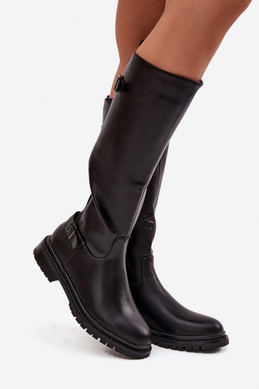 riscaldamento stivali da donna con tacchi larghi con fibbie colore nero Sorelle riscaldamento stivali da donna con tacchi larghi con fibbie colore nero Sorelle