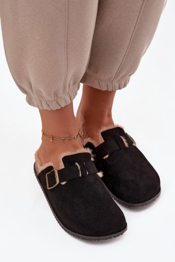 Pantofole zoccoli da donna, foderate con pelliccia interna e fibbie, colore nero Sylisse