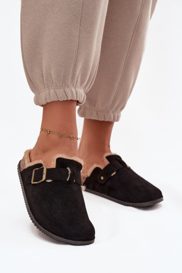 Pantofole zoccoli da donna, foderate con pelliccia interna e fibbie, colore nero Sylisse 2