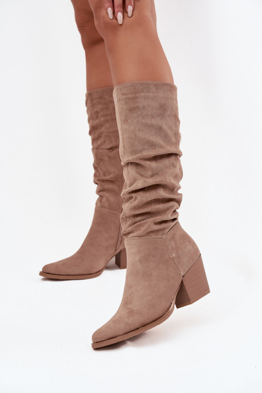 stivali da donna Con top arricciato con i tacchi riscaldamento beige Paelina stivali da donna Con top arricciato con i tacchi riscaldamento beige Paelina