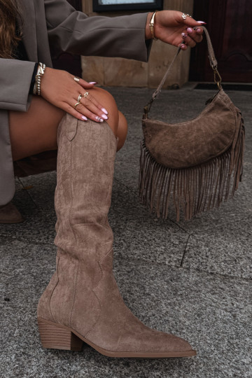 Stivali alti da donna in pelle scamosciata stile cowboy color sabbia Jenaya